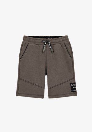 Bruine casual shorts met elastische tailleband, zwart trekkoord met witte tekst, zijzakken en een zwart label met witte tekst op het linkerbeen.