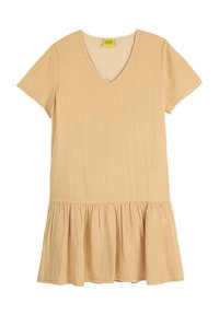 Robe à manches courtes et décolleté en V de couleur beige clair, présentant une texture plissée et un ourlet évasé froncé.