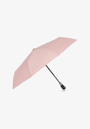 Różowy parasol z gładkim materiałowym baldachimem ozdobionym małymi czarnymi kropkami, czarną rączką i metalowym zakończeniem. Ośmiosegmentowa konstrukcja.