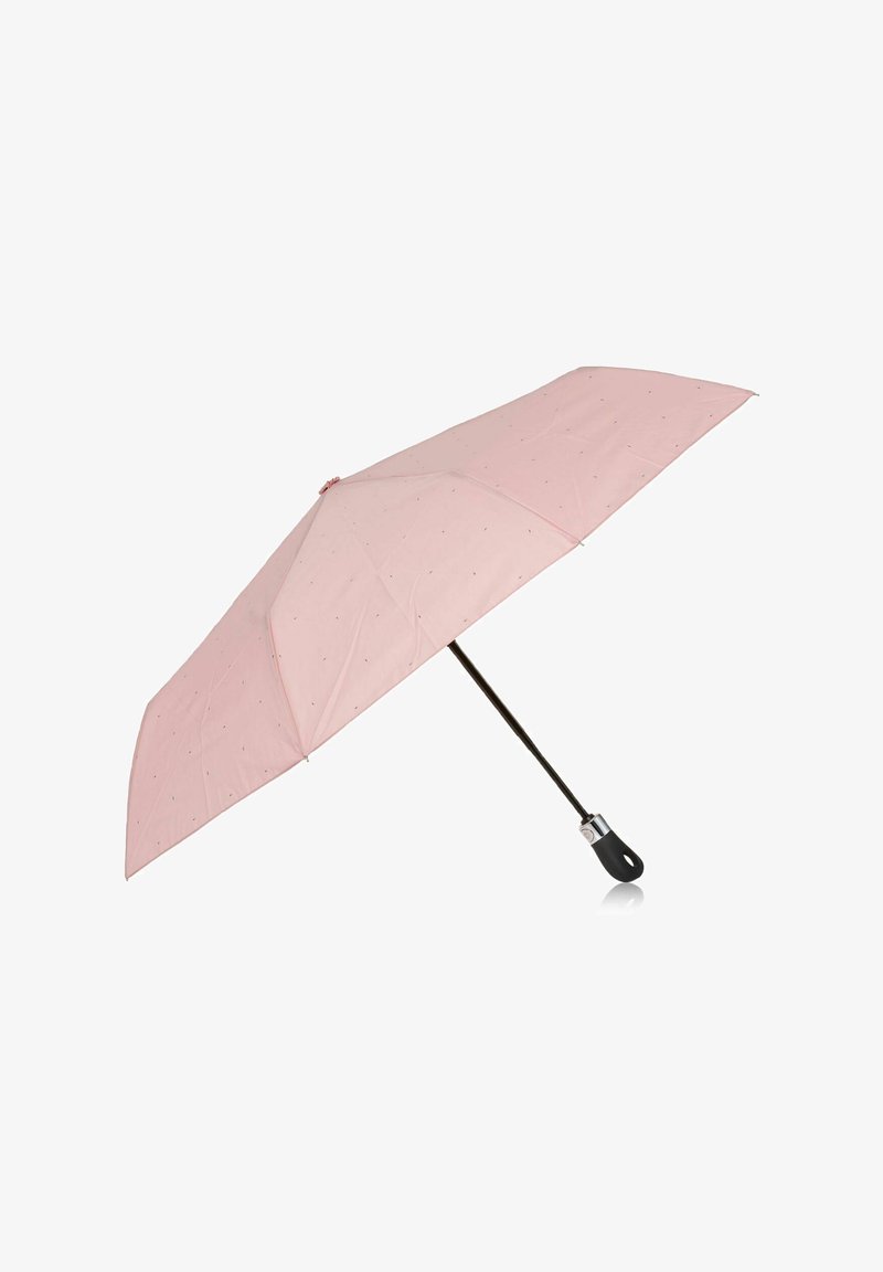 Różowy parasol z gładkim materiałowym baldachimem ozdobionym małymi czarnymi kropkami, czarną rączką i metalowym zakończeniem. Ośmiosegmentowa konstrukcja.