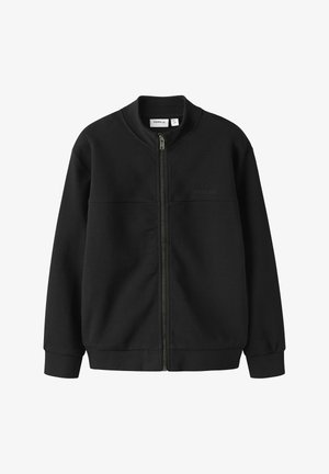 Black zip-up jacket made of textured fabric, featuring a round neckline, ribbed cuffs, and a simple design with no visible patterns or accents.