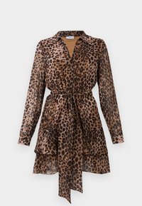 Abito lungo a maniche lunghe con stampa leopardata, colletto, chiusura frontale con bottoni, cintura in vita e orlo a strati con ruches in tonalità marrone e nera.