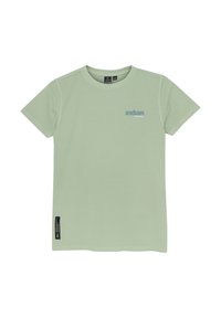 T-shirt in cotone verde chiaro con maniche corte, scollatura tonda e un piccolo logo blu sul petto. Presenta un etichetta laterale.