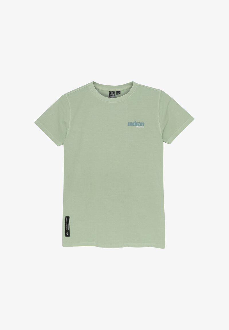 T-shirt en coton vert clair avec des manches courtes, un col rond et un petit logo bleu sur la poitrine. Comprend un détail de label sur le côté.