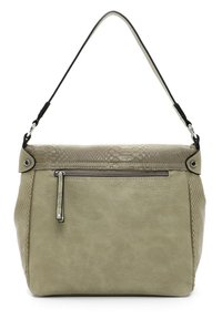 Vaaleanoliivinvihreä nahkalaukku, jossa on teksturoitu yläosa, etupuolella vetoketjullinen tasku ja yksi olkahihna.