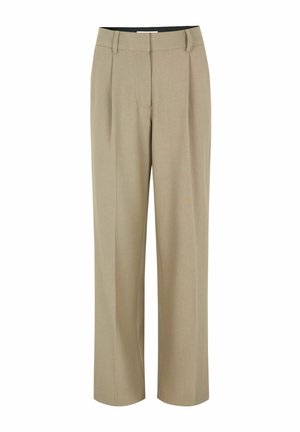 Texturált anyagból készült bézs nadrág, magas derékkal, széles lábakkal és elülső redőkkel. Egyszerű dizájn, további díszítések nélkül.