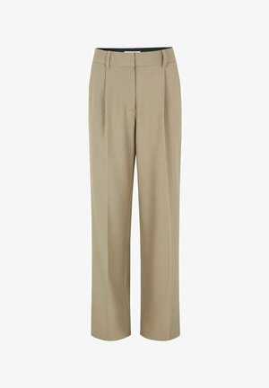 Beige bukser lavet af struktureret stof, med høj talje, brede ben og forknejs. Simpel design uden yderligere accenter.