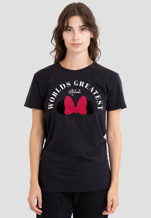 Schwarzes Baumwoll-T-Shirt mit dem Schriftzug "WELTBESTE", grafischem Design mit Minnie-Maus-Schleife in Rot und Schwarz, kurzen Ärmeln und klassischem Schnitt.