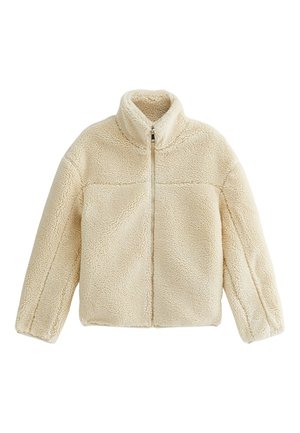 Crème-kleurig zachte fleecejas met hoge kraag, lange mouwen en ritssluiting aan de voorkant, plat gelegd op een witte achtergrond.