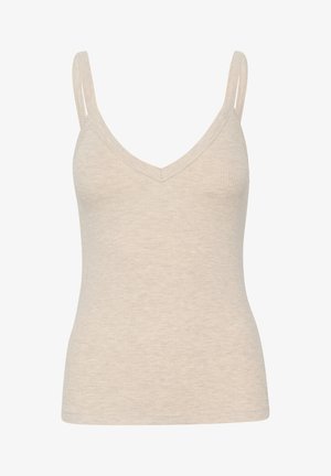 Šviesiai smėlinis dviejų eilučių tankas su V formos iškirpte ir plonomis petnešėlėmis, pasižymintis glotnia tekstūra ir prigludusia išvaizda. Nėra papildomų detalių.