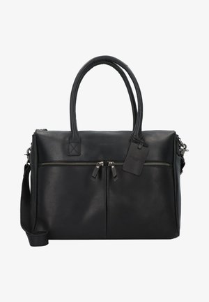 Bolso tote de cuero negro con dos bolsillos frontales con cremallera, asas dobles y correa de hombro desmontable. Textura suave con un hardware mínimo.