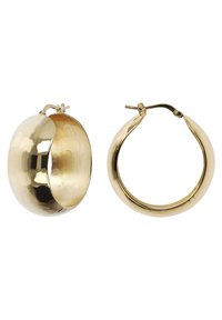 Boucles d'oreilles en or en forme de cerceau avec une finition polie, présentant une surface texturée d'un côté et une surface intérieure lisse, fermées par un système de charnière.