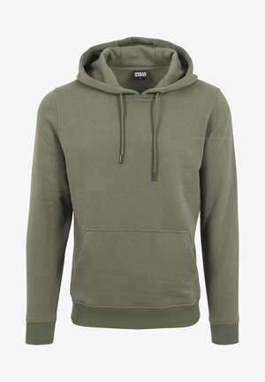 Oliwkowy bezrękawnik wykonany z miękkiej mieszanki bawełny, z kieszenią kangurką, regulowanym kapturem na sznurki oraz ściągaczami przy mankietach i u dołu.