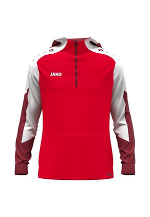 Rotes und weißes Sportoberteil mit langen Ärmeln und Viertelreißverschluss, Logos auf Brust und Schultern und einer vorderen Kängurutasche.