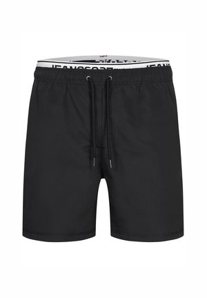 Schwarze Badeshorts aus leichtem Stoff, mit elastischem Bund und Kordelzug sowie kontrastierendem Logo am Innenbund.