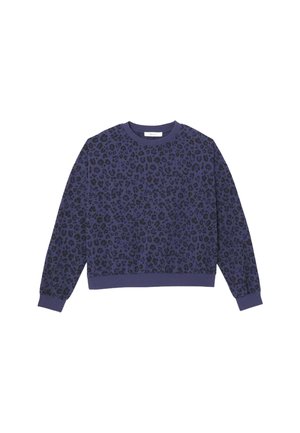 Sweatshirt violet avec un motif léopard noir, col rond, manches longues et poignets et ourlet côtelés. Texture douce.