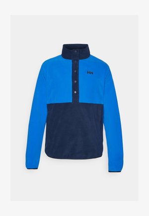 Fleece pullover in helderblauw en marineblauw. Heeft een hoge kraag, drukknoopjes en een logo op de borst. Zachte textuur en casual ontwerp.