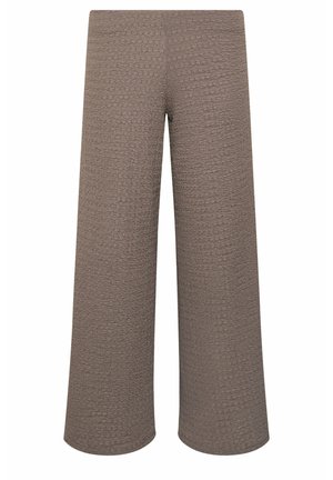 Pantalon à jambes larges en tissu taupe texturé avec une taille haute et un ourlet longueur cheville.