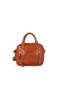 Borsa in pelle marrone con finiture dorate, dotata di due zip laterali e una tasca frontale. Include manici corti doppi e una tracolla rimovibile.