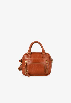 Brown leather handbag with gold-tone hardware, featuring two side zippers and a front pocket. Includes dual short handles and a detachable strap.