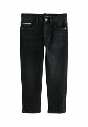 Schwarze Denim-Jeans mit Fronttaschen, Gürtelschlaufen und Knopfverschluss, vor weißem Hintergrund dargestellt.