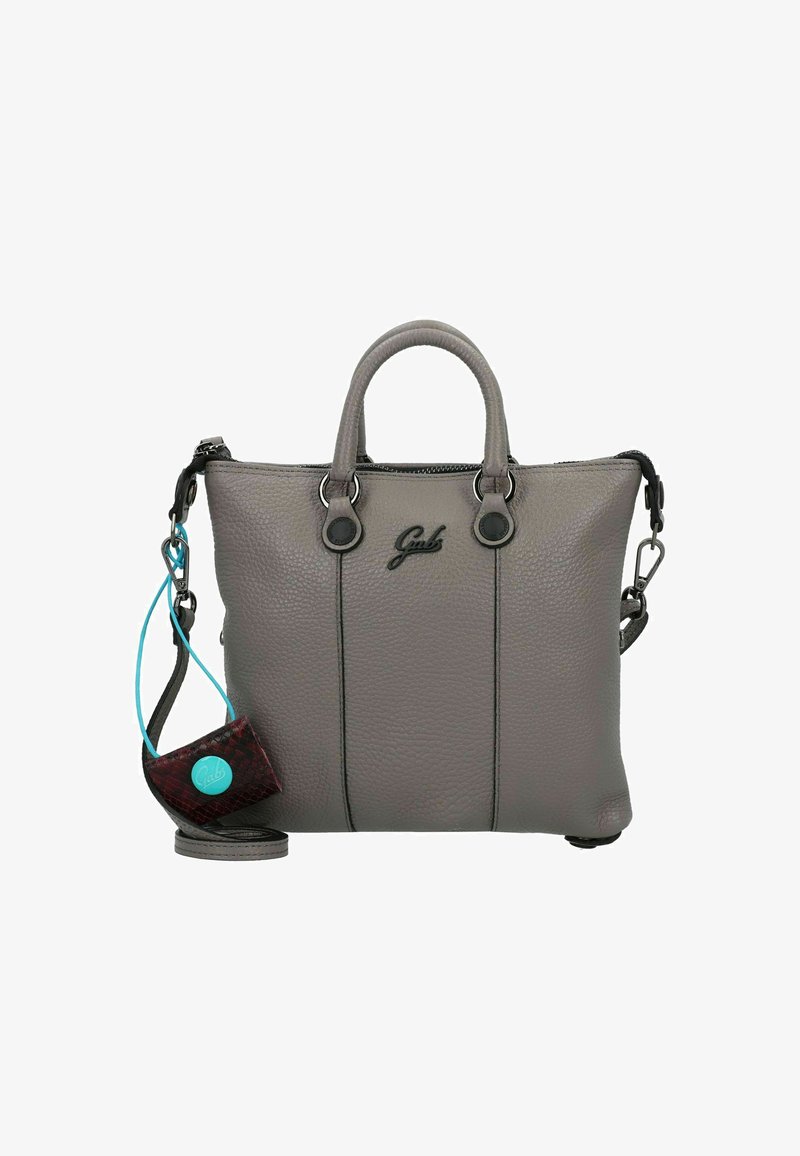 Sac en cuir gris avec une finition texturée, double anses supérieures, bandoulière réglable et accessoire amovible avec accent menthe.