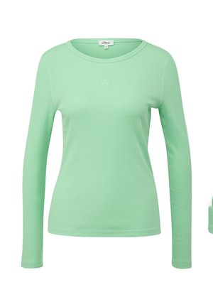 Hellgrünes, langärmeliges, geripptes Oberteil mit rundem Ausschnitt und dezentem, auf der Brust eingesticktem Logo, Größe 36.