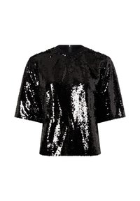 Zwarte pailletten top met korte mouwen en een ronde halslijn, met een glanzende textuur en reflecterend oppervlak. Ideaal voor avondkleding.