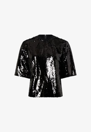 Schwarzes, mit Pailletten besetztes Oberteil mit kurzen Ärmeln und rundem Ausschnitt, das eine glänzende Textur und reflektierende Oberfläche aufweist. Ideal für Abendgarderobe.