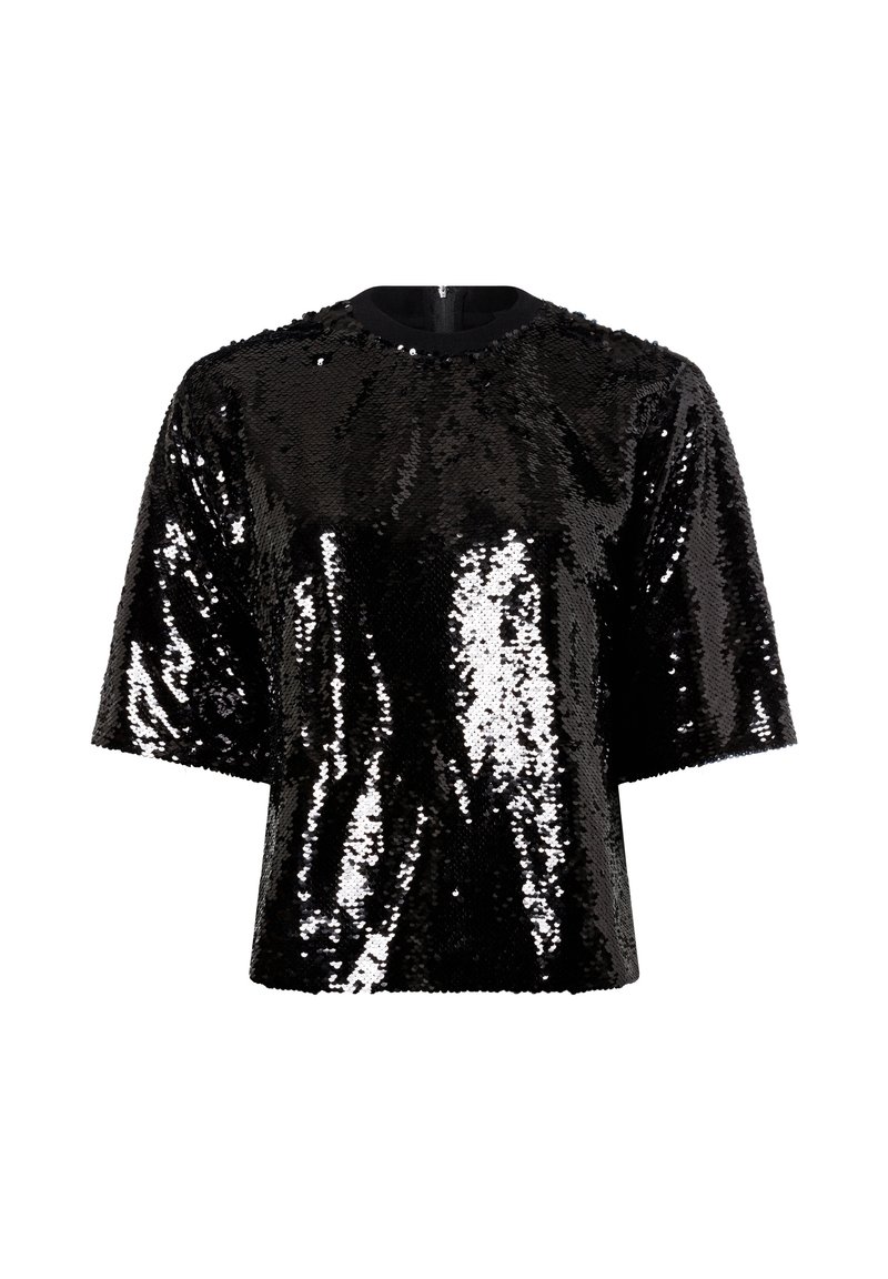 Zwarte pailletten top met korte mouwen en een ronde halslijn, met een glanzende textuur en reflecterend oppervlak. Ideaal voor avondkleding.