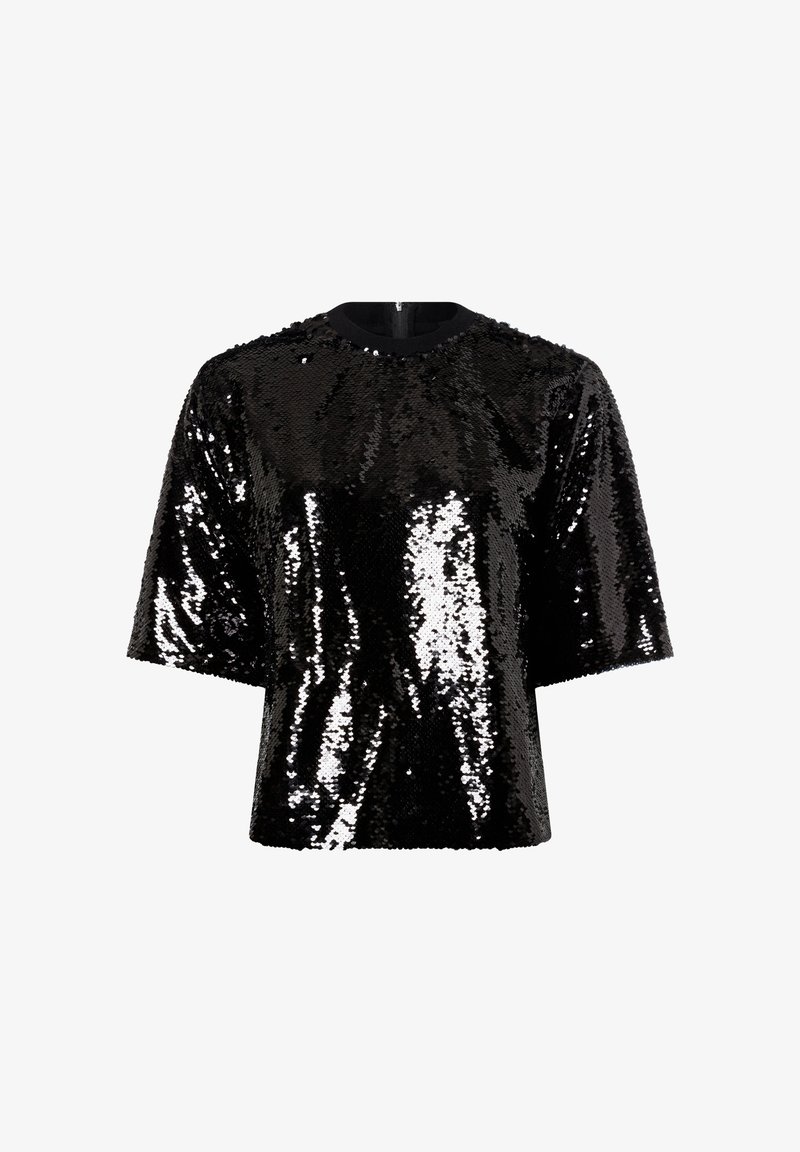 Schwarzes, mit Pailletten besetztes Oberteil mit kurzen Ärmeln und rundem Ausschnitt, das eine glänzende Textur und reflektierende Oberfläche aufweist. Ideal für Abendgarderobe.
