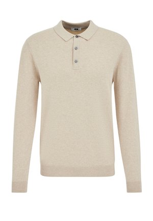Beige poloshirt met lange mouwen, een klassieke kraag, knoopsluiting met drie knopen en geribbelde manchetten en zoom. Zacht gestructureerde stof.