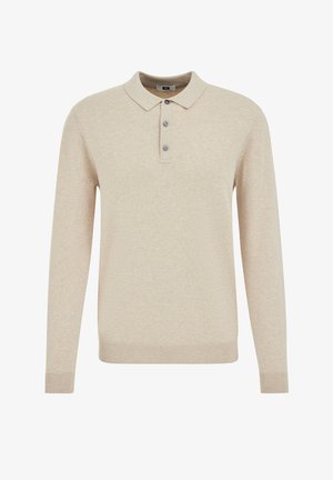 Šviesiai smėlio spalvos ilgomis rankovėmis polo marškinėliai su klasikiniu apykaklė, trimis sagomis ir riešinėmis bei apačia su gofruota juosta. Minkšta tekstūruota medžiaga.