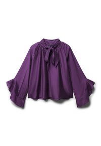 Blouse violette avec un col haut, détail de nœud au cou et longues manches évasées. Fabriquée à partir d'un tissu lisse et léger avec une finition brillante.