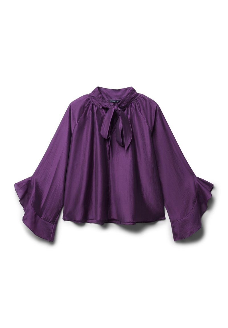 Blouse violette avec un col haut, détail de nœud au cou et longues manches évasées. Fabriquée à partir d'un tissu lisse et léger avec une finition brillante.