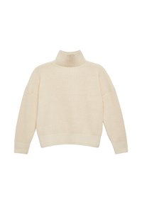 Crèmekleurige gebreide trui met een hoge kraag, drop shoulders, geribbelde textuur en een relaxte pasvorm. Onderkant en manchetten zijn ook geribbeld.