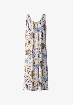 Mouwloze jurk van lichtgewicht stof, met een witte achtergrond en blauwe en gele hemelpatronen, inclusief zonnen en palmbomen.