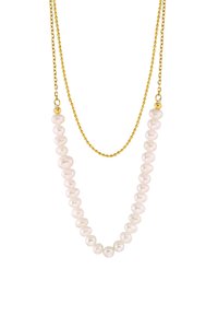 Collier en or avec deux brins : l'un en petites perles blanches et l'autre en délicate chaîne de perles dorées. Design classique, texture élégante.
