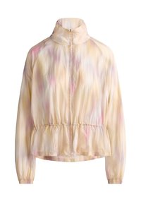 Veste légère à manches longues avec fermeture éclair frontale, poignets élastiques, taille froncée et motif tie-dye pastel dans des tons doux de jaune et rose.