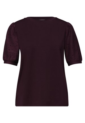 Dunkellila kurzärmliges Shirt mit rundem Halsausschnitt und gepufften, Lochmuster-Ärmeln, die in eng anliegende Bündchen enden.