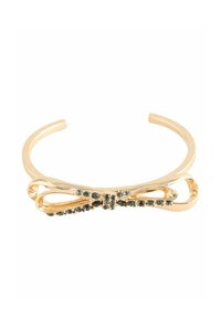 Armbanduhr aus goldfarbenem Metall mit einem Schleifendesign, in dessen Mitte schwarze Kristalle eingelassen sind. Glatte, polierte Oberfläche.