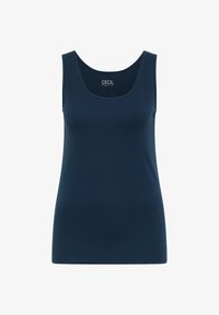 Camiseta sin mangas azul marino con escote redondo, forma ajustada y pequeña etiqueta blanca "CECIL Essentials" en el interior del cuello.