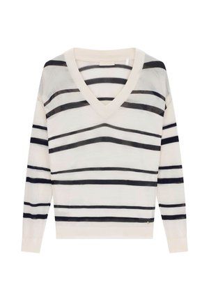 White V-neck sweater with horizontal black stripes of varying thickness across body and sleeves.