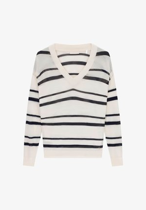 Biały sweter z dekoltem w serek z czarnymi, poziomymi paskami o różnej grubości na ciele i rękawach.