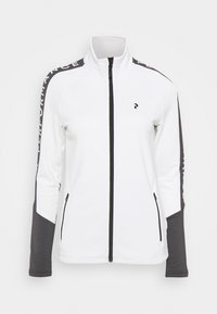Witte zip-up jas met een hoge kraag. Heeft donkergrijze accenten op de mouwen en zijkanten, sportmerk op de schouders en voorzakken met ritsen.