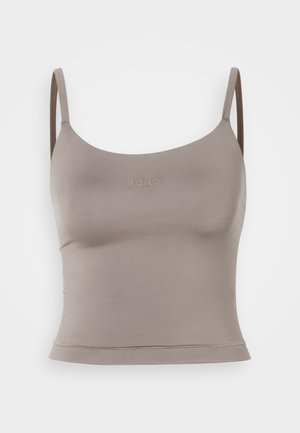 Taupe cropped tank top with thin straps and "BORG" logo centered on front, shown against a plain white background.