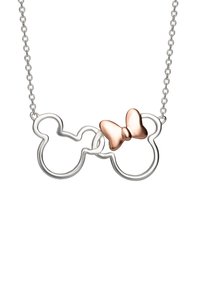 Collana in argento con due outline a forma di Topolino e un accento di fiocco in rosè al centro. Il design della catena è delicato e a maglia.