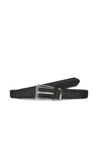Schwarzer Leder-Gürtel mit strukturierten Oberflächen. Verfügt über eine silberne Metallschnalle und mehrere Löcher zur Anpassung. Die Enden laufen spitz zu.
