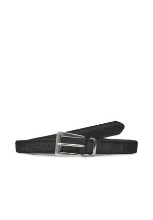 Black leather belt with a textured surface. Features a silver metal buckle and multiple holes for adjustability. Ends taper to a point.