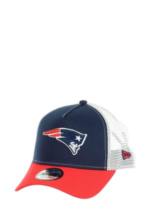 Baseball cap with a navy blue front and red visor. Mesh white back features an embroidered logo of a football team on the front.